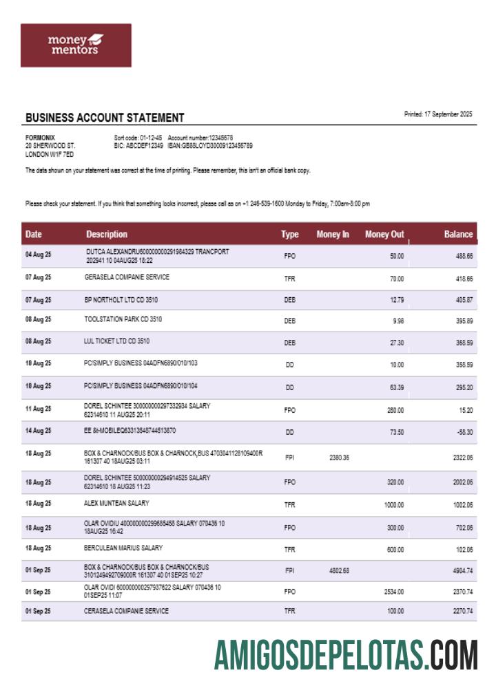 Declaração de verificação de organização empresarial canadense Money Mentors (MM) em formato Word e PDF amostra